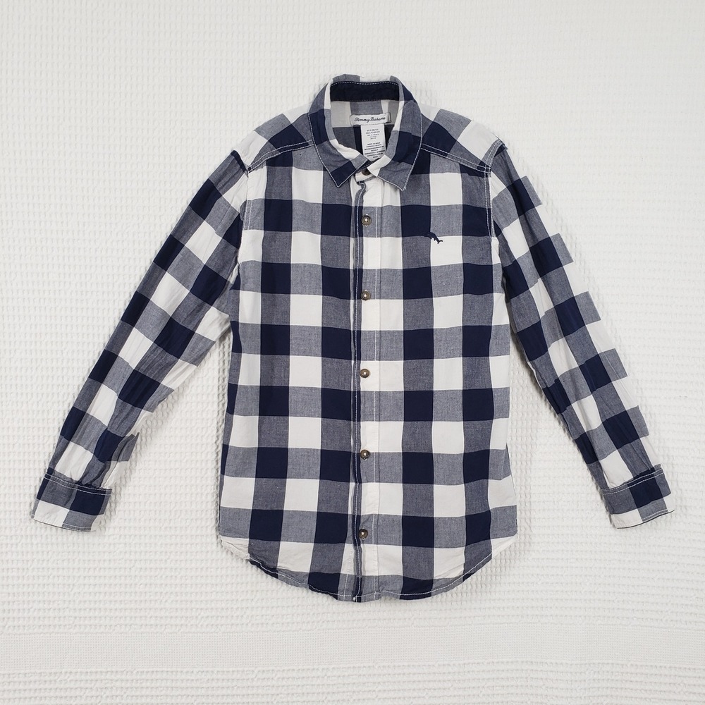 Tommy Bahama Button Down Shirt Boys Large 10/12 Navy White Buffalo Plaid Coastal